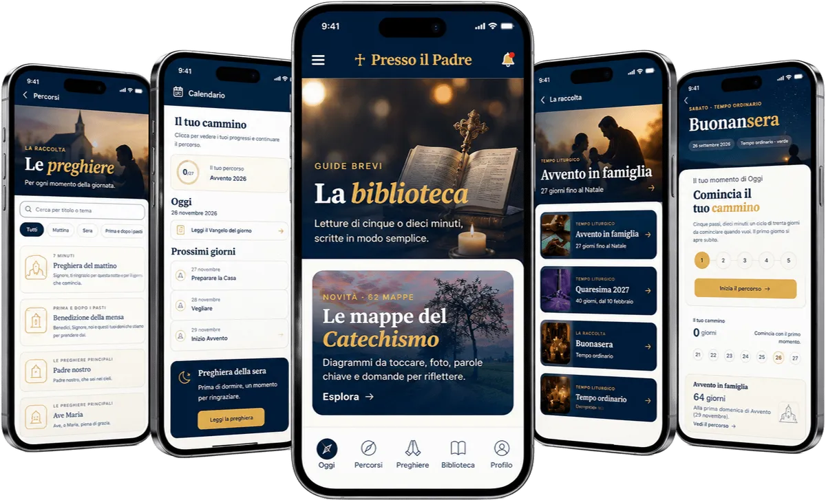Anteprima dell'app Presso il Padre: le schermate Percorsi, Calendario, Oggi, Avvento e Buonansera